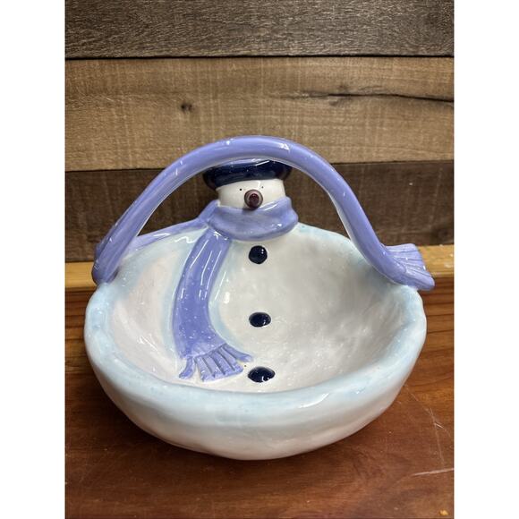 Ceramic Snowman Candy Dish With Blue Scarf Handle - Picture 2 of 6